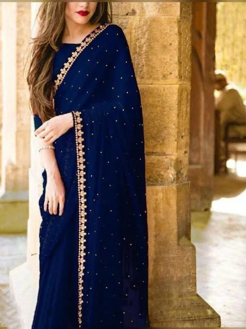 Attractive Navy blue Weight Less Embroidery Work Online Saree