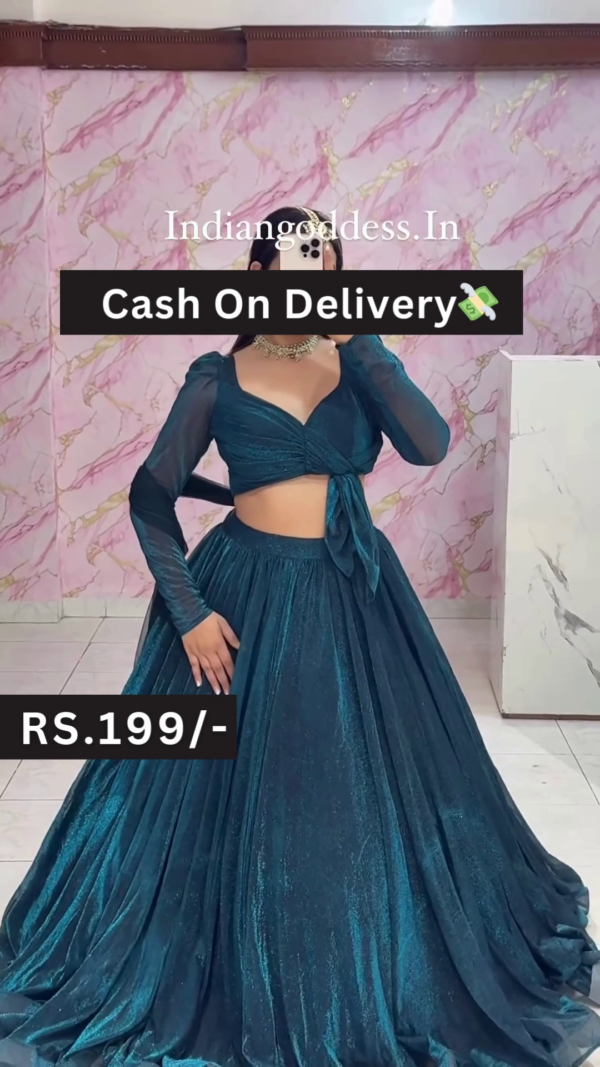 Teal Blue Indo-Western Lehenga Set with Full-Sleeve Crop Top  Casual Ethnic Fusion at Budget-Friendly Style