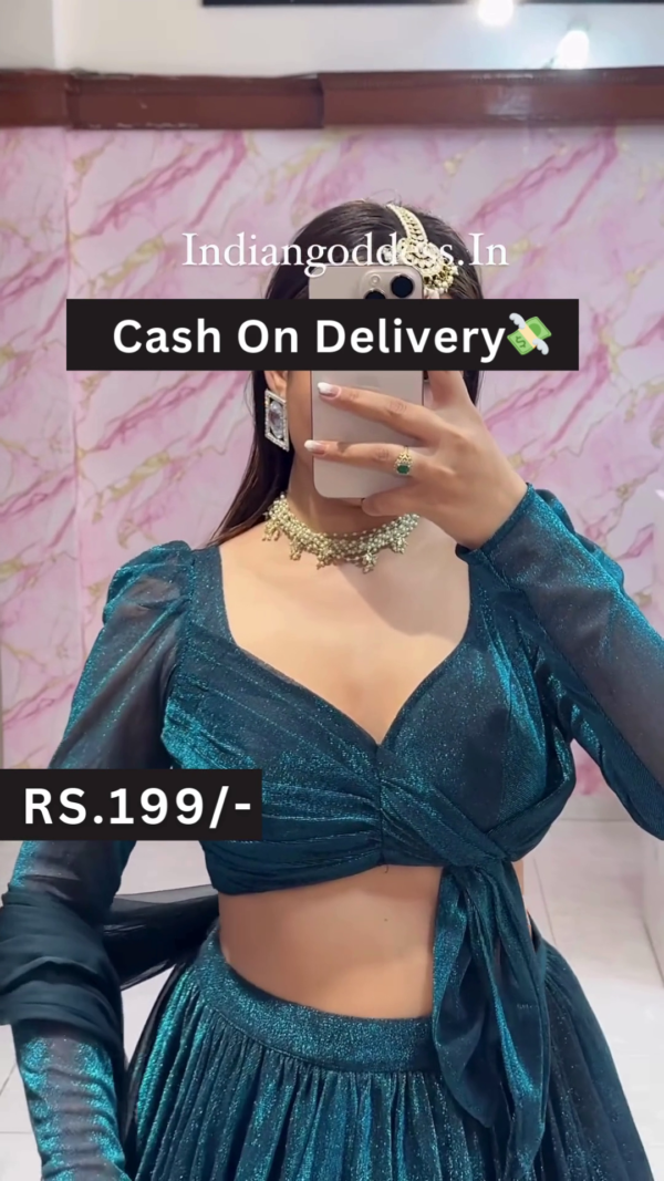 Teal Blue Indo-Western Lehenga Set with Full-Sleeve Crop Top  Casual Ethnic Fusion at Budget-Friendly Style - Image 2