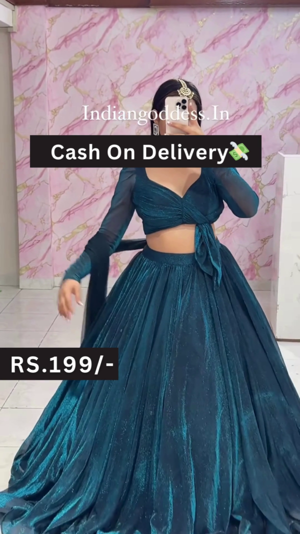 Teal Blue Indo-Western Lehenga Set with Full-Sleeve Crop Top  Casual Ethnic Fusion at Budget-Friendly Style - Image 3