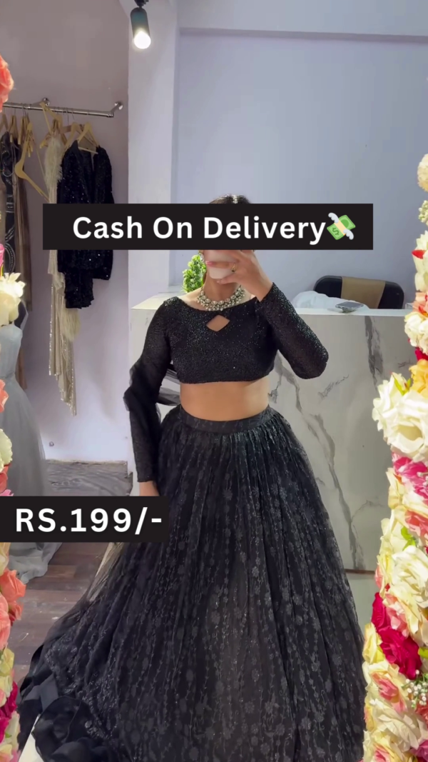 Black Sequin Crop Top Lehenga Set with Lace Skirt and Floral Mirror Selfie Styling  Glam Fusion for Every Festive Mood
