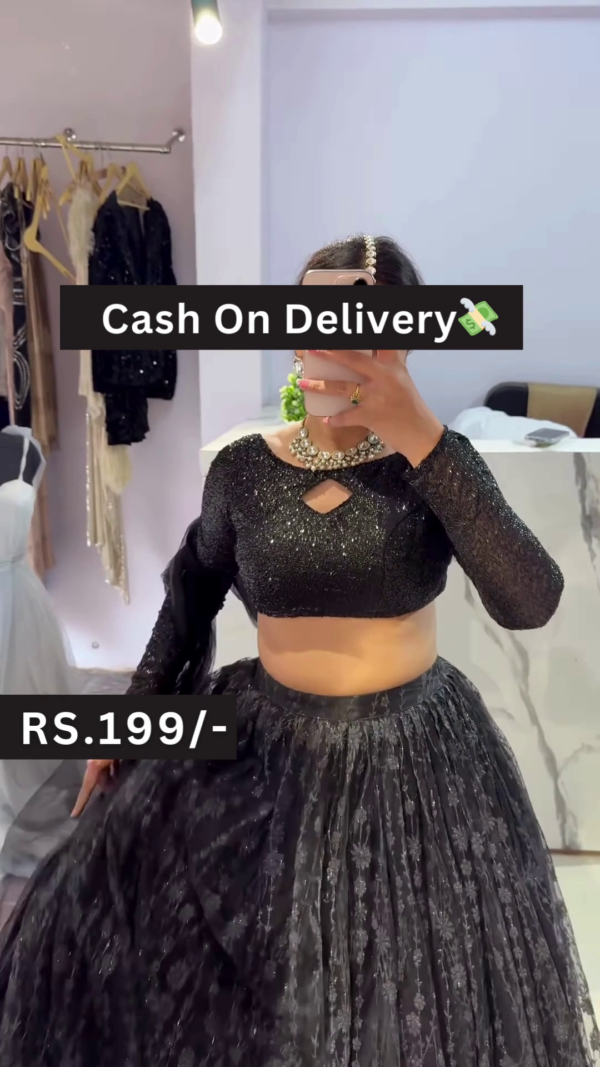Black Sequin Crop Top Lehenga Set with Lace Skirt and Floral Mirror Selfie Styling  Glam Fusion for Every Festive Mood - Image 2