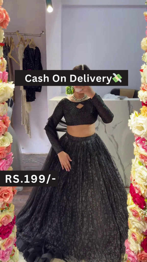 Black Sequin Crop Top Lehenga Set with Lace Skirt and Floral Mirror Selfie Styling  Glam Fusion for Every Festive Mood - Image 3