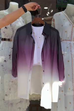 Women’s Gradient Purple-White Button-Up Shirt with Layered Necklace and Crop Top – Trendy Street Style