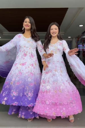 Women’s Gradient Embroidered Flared Maxi Dress – Ethnic Floral Festival Wear (Pink & Purple Variants)