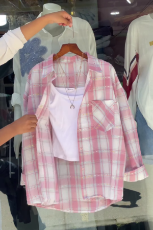 Women’s Pink & White Checkered Overshirt with White Tank Layer – Casual Street Style with Celestial Necklace Accent