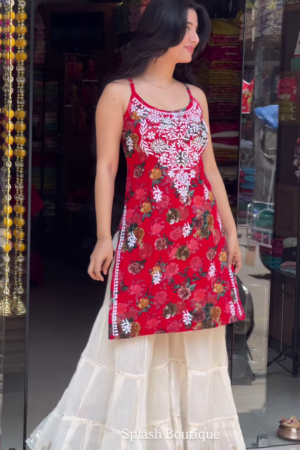 Women’s Red Sleeveless Embroidered Kurti with Cream Wide-Leg Bottom – Elegant Boutique Ethnic Ensemble