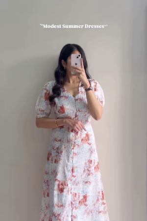 Women’s White Short-Sleeve Dress with Red & Blue Floral Prints