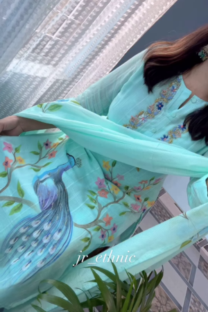 Women’s Light Blue Printed Kurta Churidar Dupatta Set with Floral & Peacock Motifs – Elegant Ethnicwear
