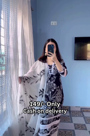 Women’s Black Floral Kurti with White Lace Accents
