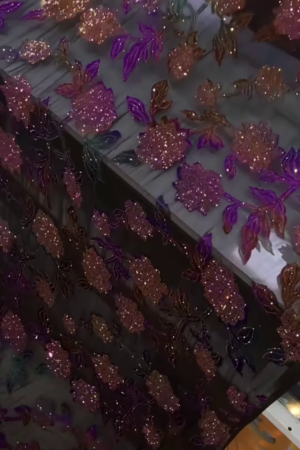 Luxury Sheer Fabric with Glitter Floral Embroidery – Purple-Pink Bloom Motif on Transparent Base for Occasionwear Draping & Tailoring