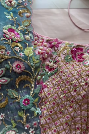 Dual-Toned Embroidered Sheer Fabric Panel with Sequins & Floral Motifs – Pink & Blue Textile for Occasionwear Drapes & Fusion Tailoring