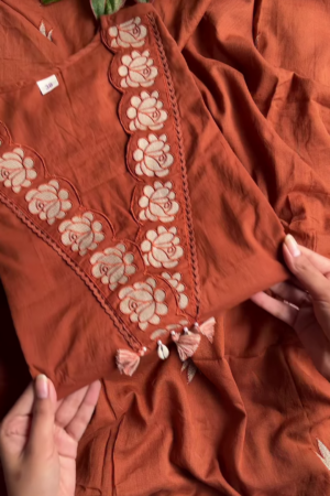 Women’s Reddish-Brown Ethnic Kurti with Floral Embroidery, Tassels & Shell Accents – Handcrafted Neckline Detailing for Festive Styling