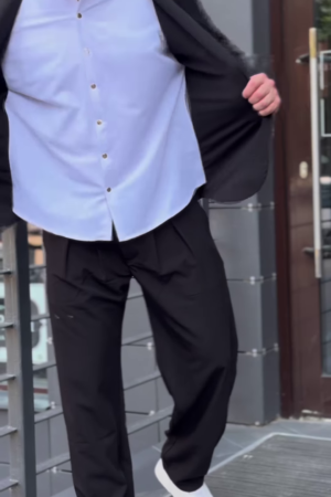 Men’s Black Stretchable Button-Up Shirt with Gray Pants – Comfort-Fit Ethnic Fusion Ensemble for Everyday Styling