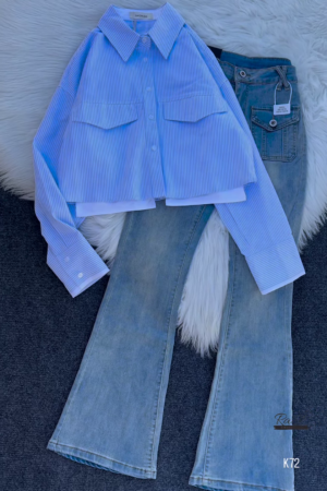 Striped Cropped Shirt with Flared Denim Jeans – Trendy & Chic