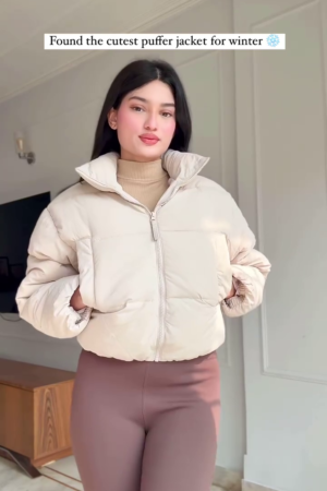 Beige Puffer Jacket Look 🤍 with Brown Leggings – Soft & Stylish Winterwear
