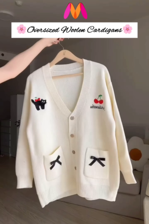 Oversized Woolen Cardigan 🧵💙 With Bow Pockets & Emblem Detail – White & Blue Variant