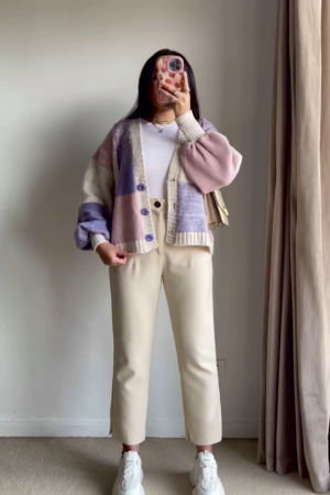 Color-Block Pastel Cardigans 🧥🎨 – Soft Knit Layers in Pink-Blue, Purple-Beige & Orange-Mustard Variants