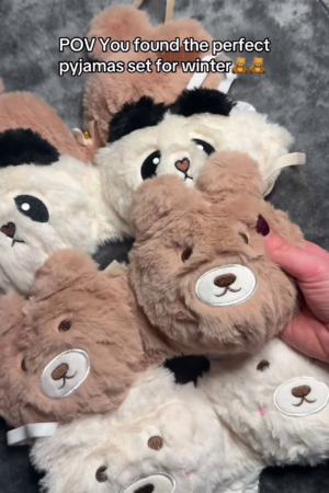 Fluffy Animal-Themed Winter Pajama Sets 🐻❄️ – Soft Plush Sleepwear with Bear & Panda Faces