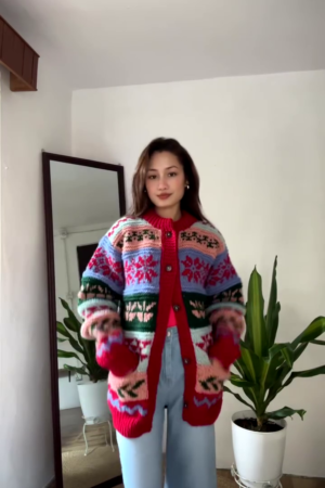 Multicolor Patterned Knit Cardigan 🧥🌈 – Styled Over Red Top & Light Blue Jeans