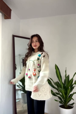 Whimsical Nature-Embroidered Knit Sweater 🌞🦊🌼 – Beige Base with Colorful Storybook Detailing