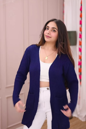 Blue-Toned Knitwear Trio 🧥💙 – Striped Sweater, Navy Cardigan & Cable-Knit Co-Ord Set