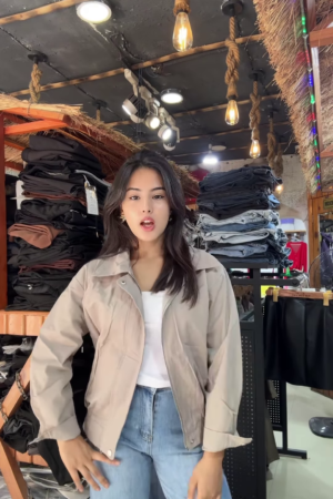 Women's Zip-Up Casual Jackets 🧥🛍 – Black, Beige & Light Beige Variants Styled in Store Setting