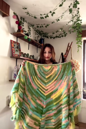Multicolor Crocheted Shawl with Fringe Detailing 🧶🌈 – Boho Knit Layer Styled Over Black Top