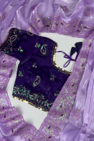Premium Dark Purple Embroidered Designer Blouse with Elegant Lavender Dupatta Set