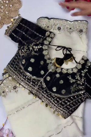 Classic Black & Ivory Heavy Embroidered Designer Blouse with Coin Latkan Border