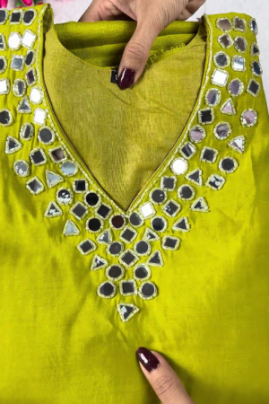 Lime Olive Mirror-Work Designer Kurta Set