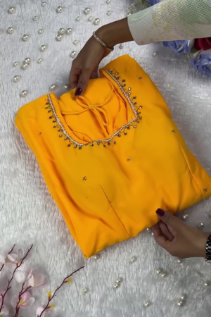 Sunlight Yellow Designer Gown with Ornate Pearl Borders