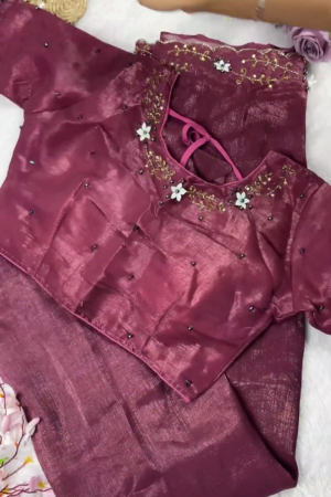 Mauve Silk Saree Set with 3D Floral Accents