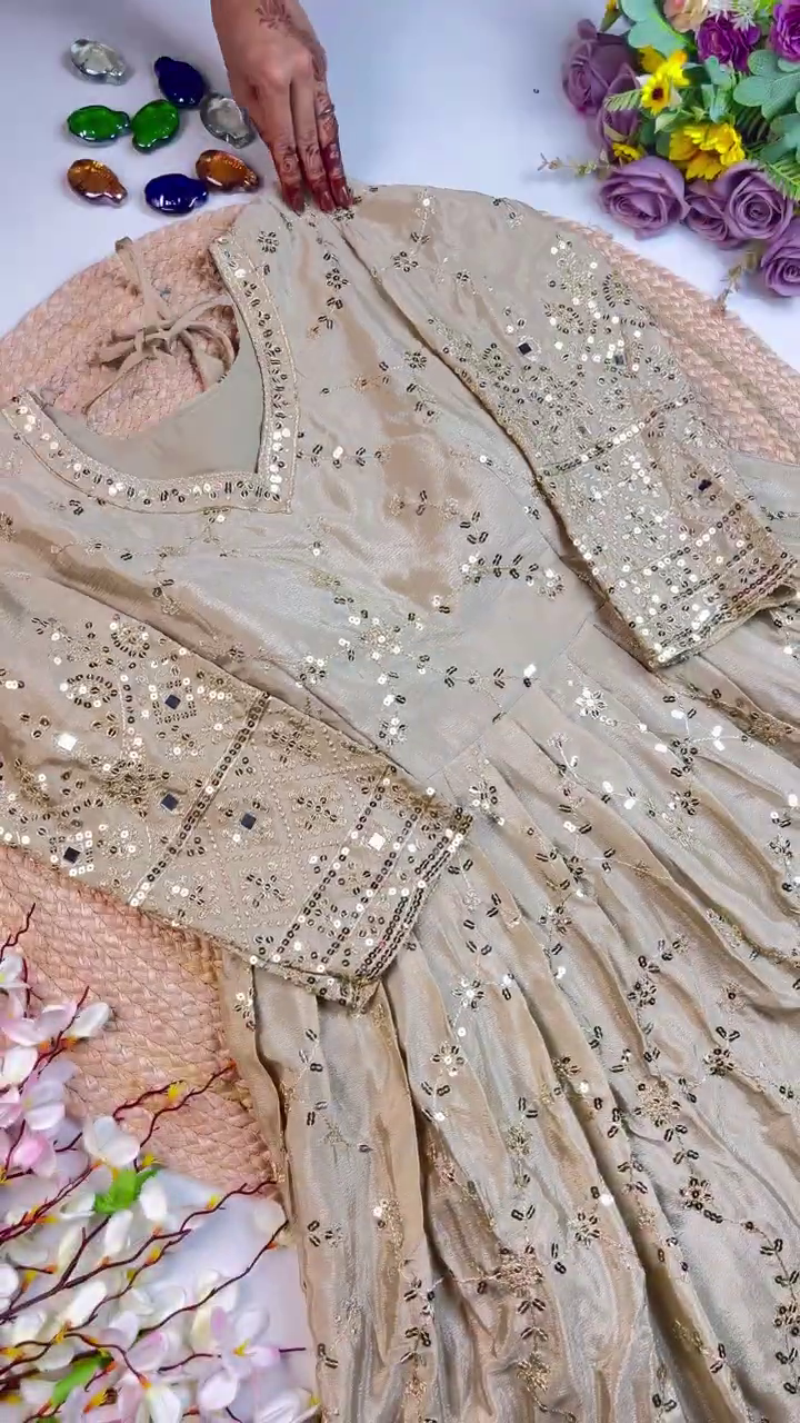 Grand Champagne Mirror-Work Anarkali Set