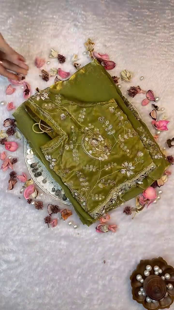 Olive Enchantment Zari-Work Saree Set