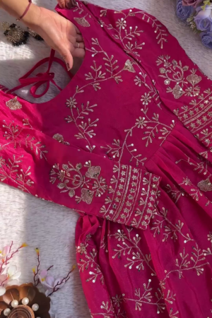 Hot Pink Silk-Blend Anarkali with Golden Floral Jaal and Sequin Highlights