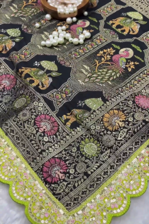 Midnight Black Patola-Print Silk Saree with Lime Green Scalloped Border