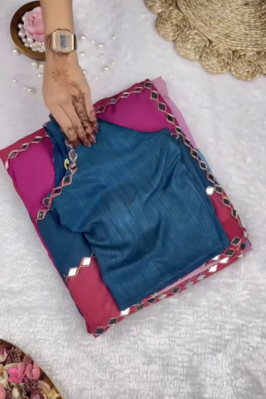 Teal Silk-Blend Blouse with Diamond Mirror-Work Neckline