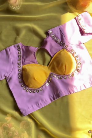 Lavender and Mustard Contrast Silk-Blend Blouse with Floral Sequin Borders