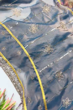 Celestial Blue Shimmer Gown with Scalloped Neckline and Fluid Drapery