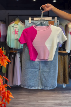 Waveline Colorblock Crop & Seamline Denim Skirt