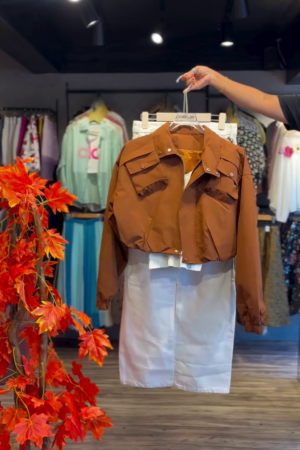 Zipfront Cocoa Jacket & Ivory Seam Skirt