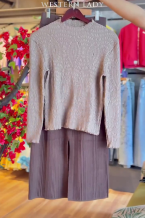 Sandstone Embossed Top & Taupe Pleated Culottes