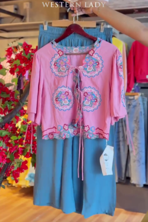 Rosette Tie-Front Top & Indigo Panel Skirt