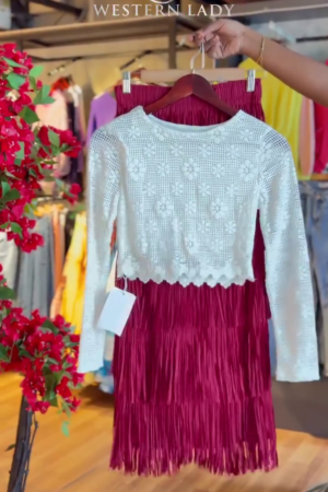 Crochet Petal Top & Maroon Fringe Skirt