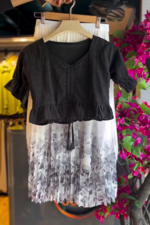 Midnight Ruffle Blouse & Grey Bloom Skir