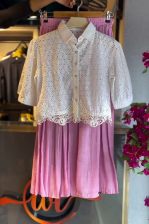 Eyelet Lace Blouse & Rose Pleat Skirt