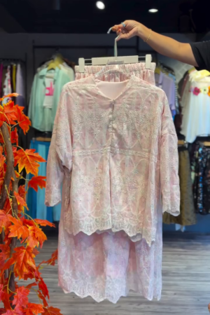 Rose Dust Embroidered Co-ord with Scalloped Lace Trim