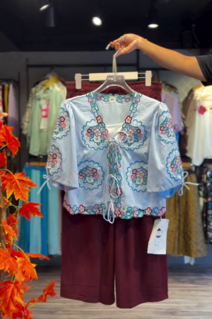 Embroidered Sky Top with Tie Details & Maroon Shorts