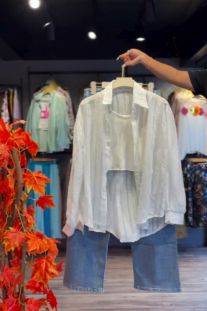 Sheer White Shirt with Crop Layer & Denim Bermudas